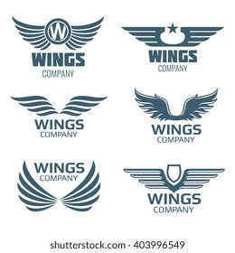 Vector wings logo set. Winged logo company and icon wing flying, eagle wing brand and logotype wing bird illustration