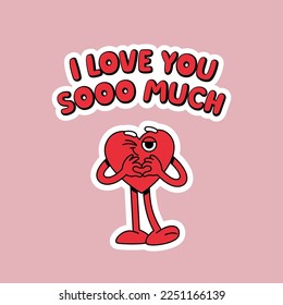 Vector Winking Heart in Retro Groovy Style. Declaration of Love Illustration. Happy Valentines Day Greeting Card. Funny Vector Poster Design.