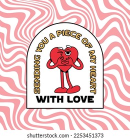 Vector Winking Heart in Retro Groovy Style on Wavy Background. Declaration of Love Illustration. Happy Valentines Day Greeting Card. Funny Vector Poster Design.