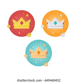 Vector winner badges set with crowns isolated on white background. Trophy and awards vector flat design set