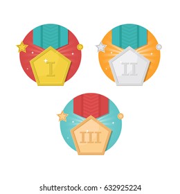 Vector winner badges set with pentagon medals on ribbons isolated on white background. Trophy and awards vector flat design set