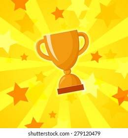 Vector winner cup bright yellow background with stars