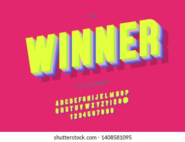 Vector winner font 3d bold trendy typography. Uppercase letters set for t shirt, racing, game, promotion, poster, decoration, sale banner, printing on fabric. Cool alphabet. Modern typeface. 10 eps