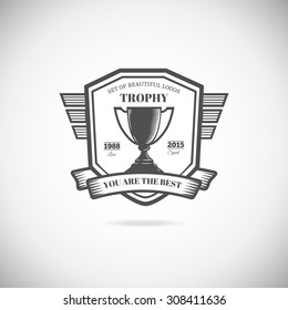 Vector winner logo, badge, emblem and design element. Black icon victory trophy and award