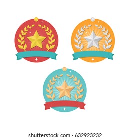 Vector winner medal icons with stars and wreaths isolated on white background. Trophy and awards flat design vector set