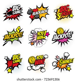 Vector winning game bubble stickers in retro pop art comic style. Explosion bubble winner comic speech. Vector illustration