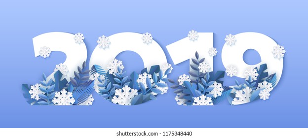 Vector winter 2019 new year number with snowflakes, flowers and ice on blue background. Seasonal typography symbol with north frost snowflakes, christmas, new year holiday symbol for decoration design