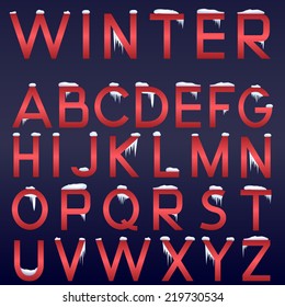 Vector Winter Alphabet. Red Font On Dark Blue Background.