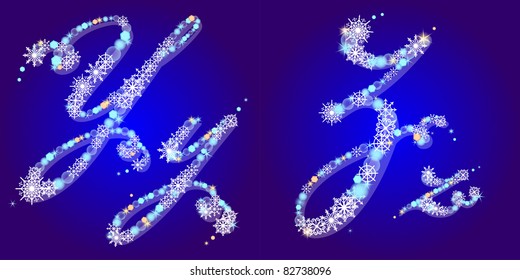 Vector winter alphabet with shiny snowflakes and spangles, letters Y,Z