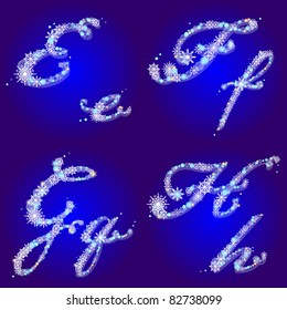 Vector winter alphabet with shiny snowflakes and spangles, letters E,F,G,H
