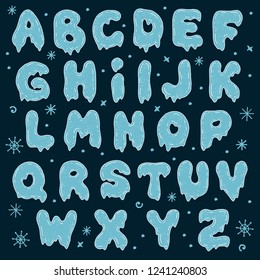 Vector winter alphabet. Snow letters on a dark background. The font is best suited for use in posters, postcards, headlines, and web design. Christmas alphabet.