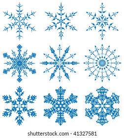 vector winter art of 9 blue snowflake symbols