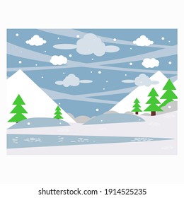 Vektorwinterhintergrund in blauer Farbe, mit Silhouetten von Bergen und Zypressenbäumen. ideal für Promotion-Weihnachten. usw.