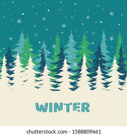 Vector winter background with Christmas trees back. Coniferous forest in charming cold shades. The inscription winter in the foreground. The magical landscape of the season. Free space below for text.