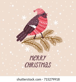 Vector winter background with cute bullfinch in hat and sweater. Holiday poster with cartoon character and text "Merry Christmas". Vintage illustration with bird.