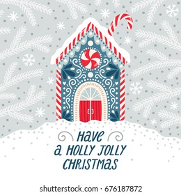 Vector winter background with cute house and hand written text. Holiday card.