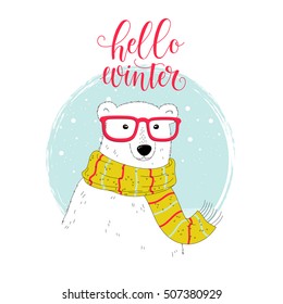 Vector winter background with cute polar bear. Cozy winter illustration. Hello winter lettering.