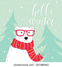 Vector winter background with cute polar bear. Cozy winter illustration. Hello winter lettering.