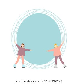 Vector winter background. Vector frame with ice skating women. Vector Christmas background.