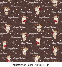 Vector winter background with funny cow. Brown seamless pattern with snow.