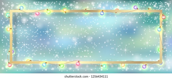 Vector winter background. Garland and gold frame.