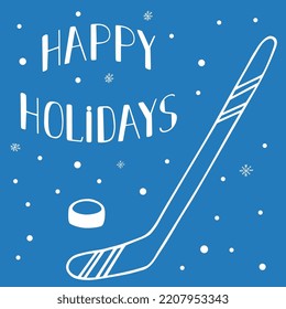 Fondo invernal vectorial - bastón de hockey y puck al estilo de doodle sobre un fondo de copos de nieve. Felices fiestas.