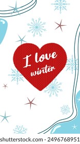 Vector winter background with knitted heart. Vertical open with snowflakes and abstract image. Invitation card in cool shades.