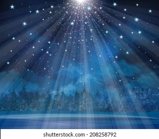 Vector winter background with lights and stars.