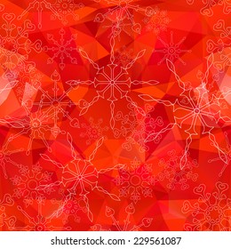 Vector Winter background (pattern) with hand drown lace snowflakes ornament on red polygons background