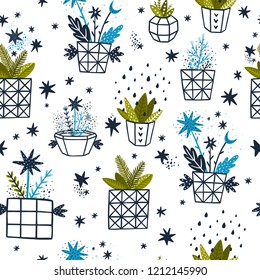 Vector winter background with plants and stars on white background Seamless floral pattern Christmas mood