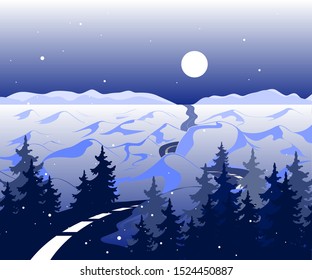 Vector winter Background with road and snowy valley with trees. The arctic landscape with mountains in the horizon with the beautiful moon sky.