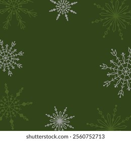 Vector winter background with silver snowflakes. New Year and Christmas greeting card in green. Template for congratulations on the winter holiday with space for text.