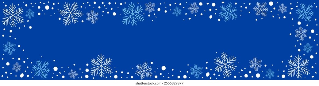 Vector winter background. Snowflakes on blue background, holiday backdrop. Winter, Christmas and New Year concept. Banner. Frame of snowflakes, empty space in the middle. Copy space. Snow