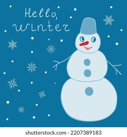 Vector winter background - snowman on a blue background with snowflakes
