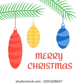 Vector winter background for stories on social networks. Colorful winter banner with Christmas tree toys and tree branches