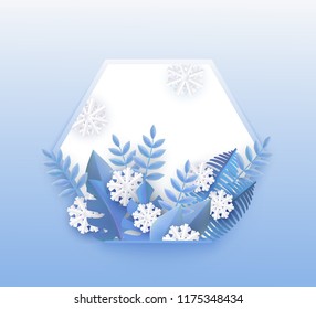 Vector winter background template with abstract fresh green leaves and snowflakes with hexagonal frame text space. New year, christmas holidays wallpaper, layout with seasonal florals and icy snow.
