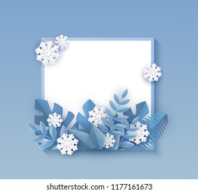 Vector winter background template with abstract fresh blue leaves and snowflakes with square frame text space. New year, christmas holidays wallpaper, layout with seasonal florals and icy snow