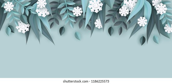Vector winter background template with abstract fresh green leaves at top and snowflakes with text space. New year, christmas holidays wallpaper, layout with seasonal florals and icy snow.