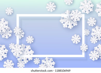 Vector winter background template with abstract fresh blue leaves and snowflakes with rectangle frame. New year, christmas holidays wallpaper, layout with seasonal florals and icy snow.