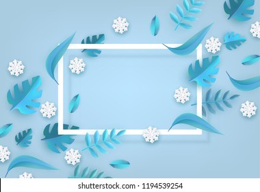 Vector winter background template with abstract fresh green leaves and snowflakes with rectangle frame. New year, christmas holidays wallpaper, layout with seasonal florals and icy snow.