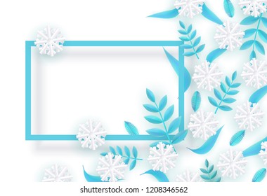 Vector winter background template with abstract fresh green leaves and snowflakes with rectangle frame. New year, christmas holidays wallpaper, layout with seasonal florals and icy snow.