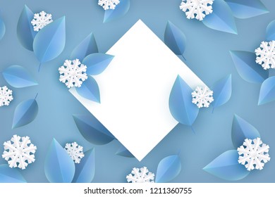 Vector winter background template with abstract fresh green leaves and snowflakes with rhombus frame text space. New year, christmas holidays wallpaper, layout with seasonal florals and icy snow.