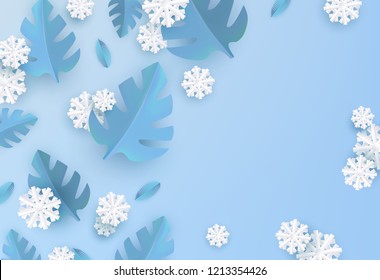 Vector winter background template with abstract fresh blue leaves and snowflakes with text space. New year, christmas holidays wallpaper, layout with seasonal florals and icy snow.