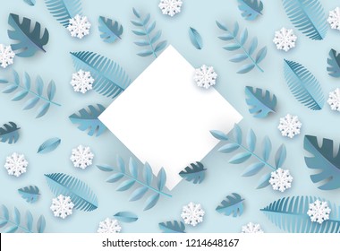 Vector winter background template with abstract fresh green leaves and snowflakes with rhombus frame text space. New year, christmas holidays wallpaper, layout with seasonal florals and icy snow.