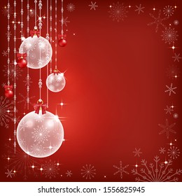 Vector winter background with various red and white Chritsmas balls hanging with red backgroud, Elegant Christmas background with snowflakes and copy space for text.