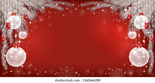 Vector winter background with various red and white Chritsmas balls hanging with red backgroud, Elegant Christmas background with snowflakes and copy space Black friday background