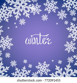 Vector winter background with white doodle snoflakes.