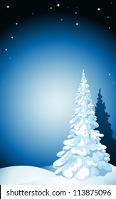 vector winter background with white tree, snow, stars and snowflakes