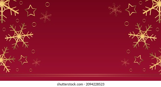 Pancarta vectorial de invierno con copos de nieve dorados, estrellas, anillos de fondo rojo. Fondo horizontal con espacio de copia