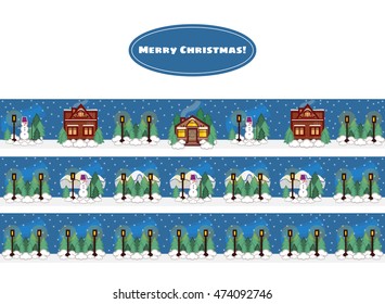 Vector winter banners with cartoon flat houses. Winter landscape, star sky, snow, snowman, pine trees, street lamp flat element for design